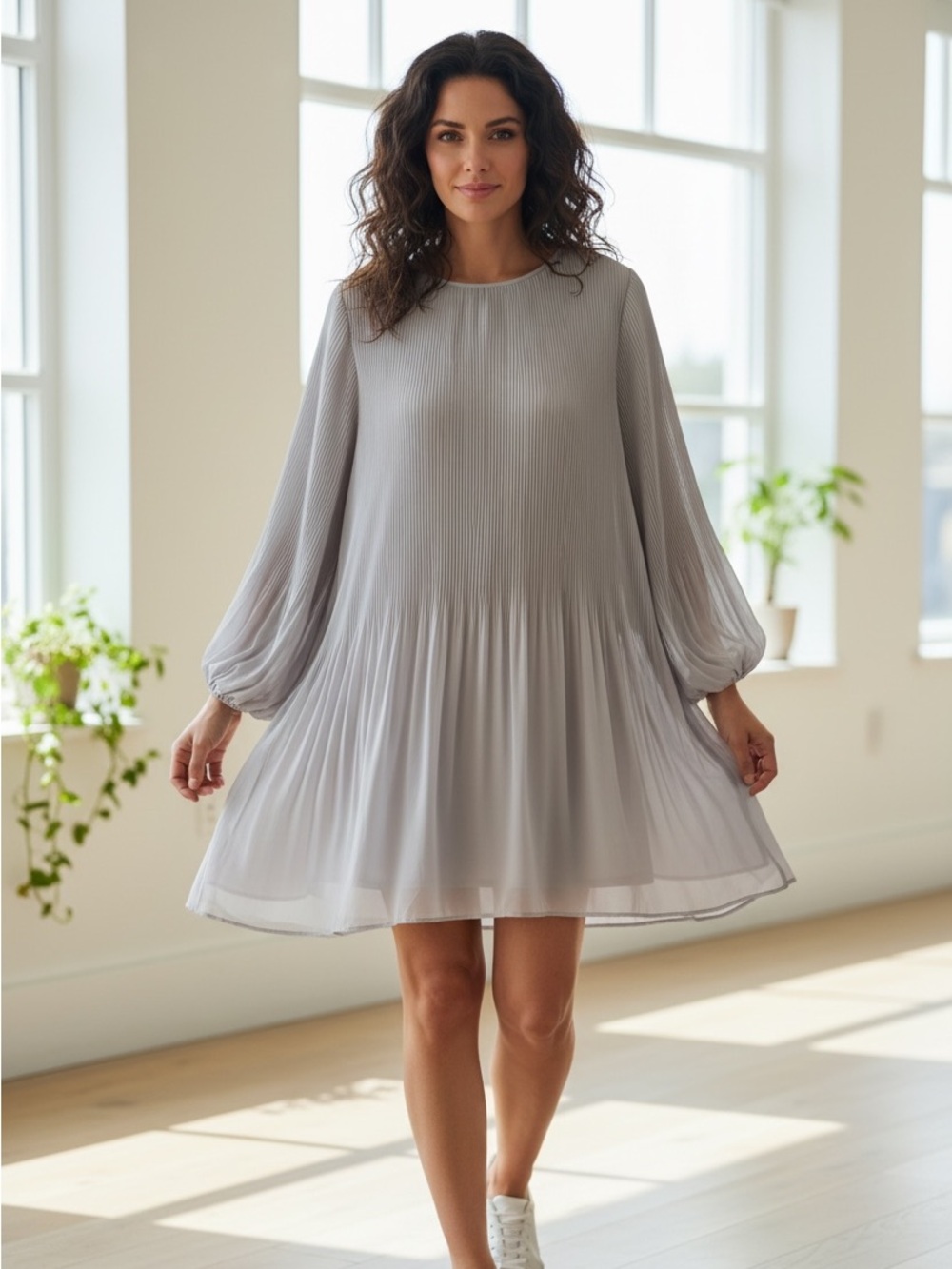 Aritzia Wilfred Pleated Long-Sleeve Tunic Dress - Light Gray size xl